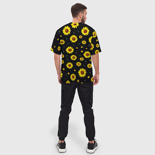 Мужская футболка оверсайз Желтые ромашки на черном / 3D-принт – фото 4