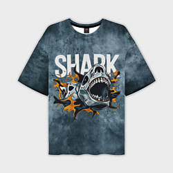 Мужская футболка оверсайз С акулой в стиле Арт на синем мраморе