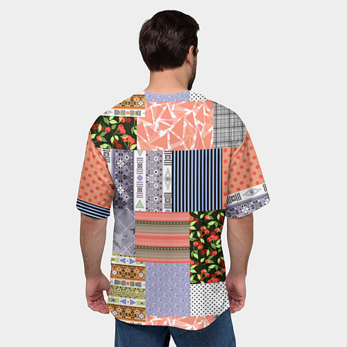 Мужская футболка оверсайз Пэчворк из разноцветных лоскутов в оранжевых и сер / 3D-принт – фото 4
