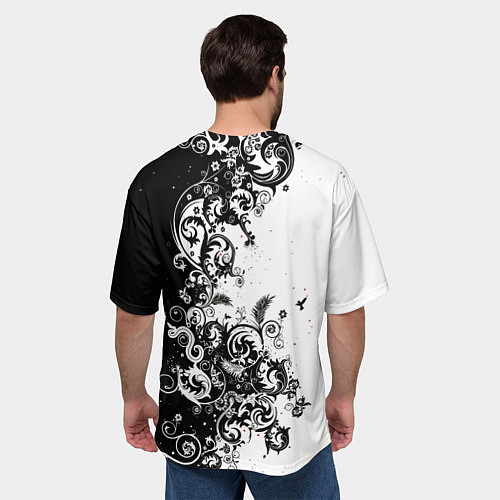 Мужская футболка оверсайз Черно-белая птица среди узорчатых цветов / 3D-принт – фото 4
