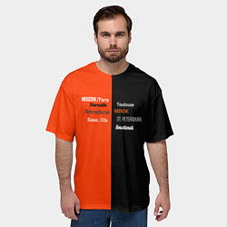 Футболка оверсайз мужская Черно-оранжевый с названиями городов, цвет: 3D-принт — фото 2
