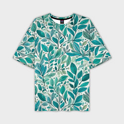 Мужская футболка оверсайз Нежные акварельные листья, голубые и зеленые