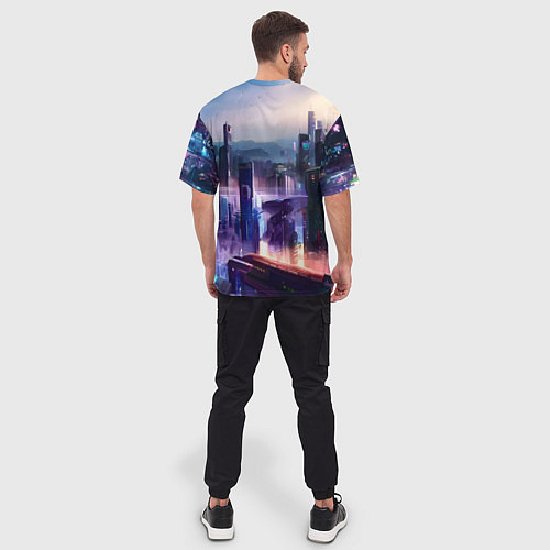 Мужская футболка оверсайз Киберпанк мегаполис / 3D-принт – фото 4