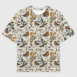 Футболка оверсайз мужская Птицы малиновки и зверобой, цвет: 3D-принт