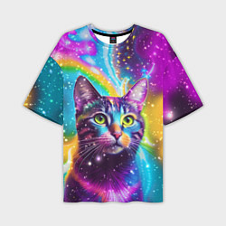Мужская футболка оверсайз Полосатый кот с разноцветной звездной туманностью