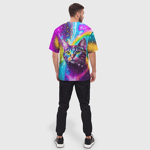 Мужская футболка оверсайз Полосатый кот с разноцветной звездной туманностью / 3D-принт – фото 4