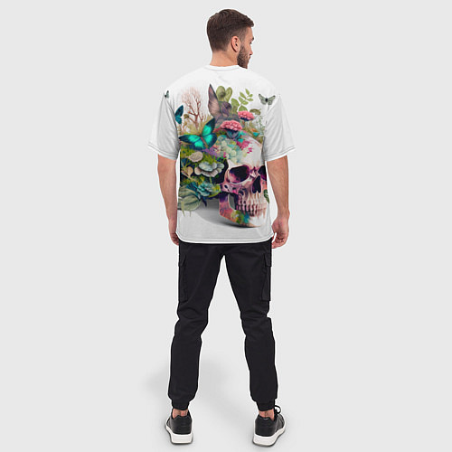 Мужская футболка оверсайз Красивый череп с листьями и бабочками / 3D-принт – фото 4