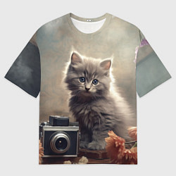 Футболка оверсайз мужская Серый котенок, винтажное фото, цвет: 3D-принт