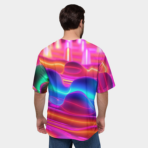 Мужская футболка оверсайз Неоновые объемные волны / 3D-принт – фото 4