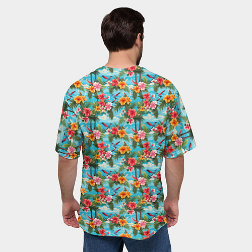 Мужская футболка оверсайз Гавайские цветочки паттерн / 3D-принт – фото 4