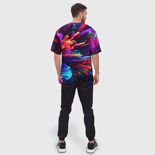 Мужская футболка оверсайз Неоновая абстракция в виде цветов / 3D-принт – фото 4