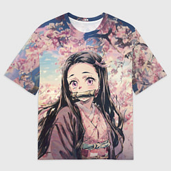Мужская футболка оверсайз Портрет Нэдзуко Камадо с Сакурой