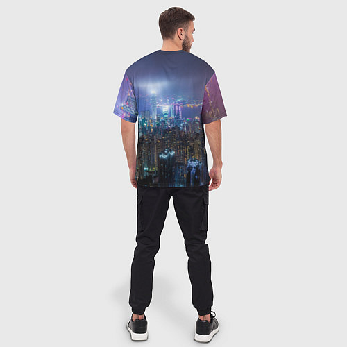 Мужская футболка оверсайз Большой город в розово-голубых огнях / 3D-принт – фото 4