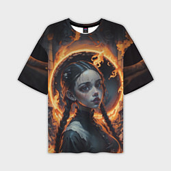 Мужская футболка оверсайз Готическая девушка с двумя косами в огненном круге