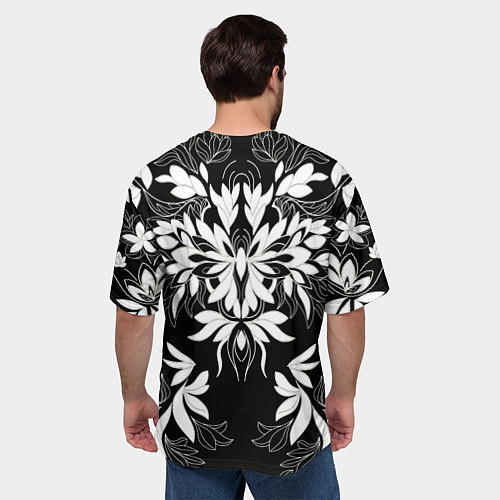 Мужская футболка оверсайз Цветы орнамент чб / 3D-принт – фото 4
