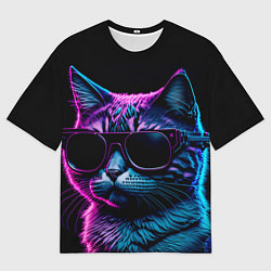 Футболка оверсайз мужская Неоновый котик в очках, цвет: 3D-принт