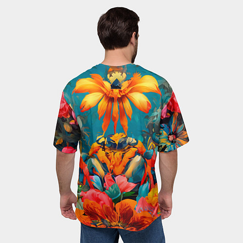 Мужская футболка оверсайз Дикая кошка в цветах / 3D-принт – фото 4