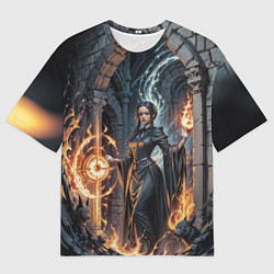 Футболка оверсайз мужская Ведьма с черными собаками и огонь в руинах, цвет: 3D-принт