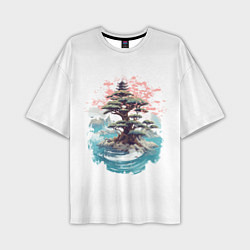 Мужская футболка оверсайз Японское дерево и пагода в море