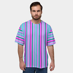 Футболка оверсайз мужская Розово-голубой неновый полосатый узор, цвет: 3D-принт — фото 2