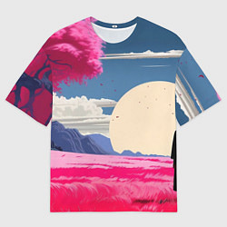 Мужская футболка оверсайз Самурай в поле на закате