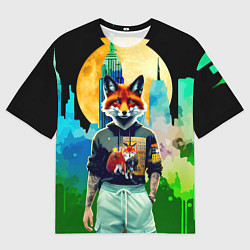 Мужская футболка оверсайз Лис на фоне луны - ночной Нью-Йорк