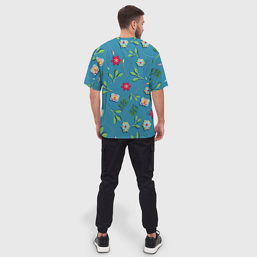 Мужская футболка оверсайз Цветы и зеленые веточки / 3D-принт – фото 4