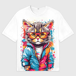 Мужская футболка оверсайз Котик в очках - брызги красок