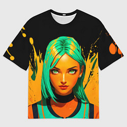 Футболка оверсайз мужская Девушка с аквамариновыми волосами с жёлтой краской, цвет: 3D-принт