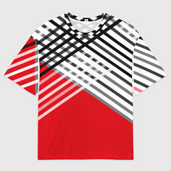 Мужская футболка оверсайз Косые черно-белые полосы на красном