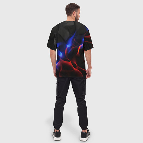 Мужская футболка оверсайз Красное и синие свечение от черных плит / 3D-принт – фото 4