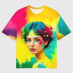 Мужская футболка оверсайз Девушка с зелёными глазами в брызгах краски