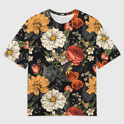 Футболка оверсайз мужская Цветочный паттерн на черном, цвет: 3D-принт