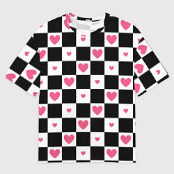 Футболка оверсайз мужская Розовые сердечки на фоне шахматной черно-белой дос, цвет: 3D-принт