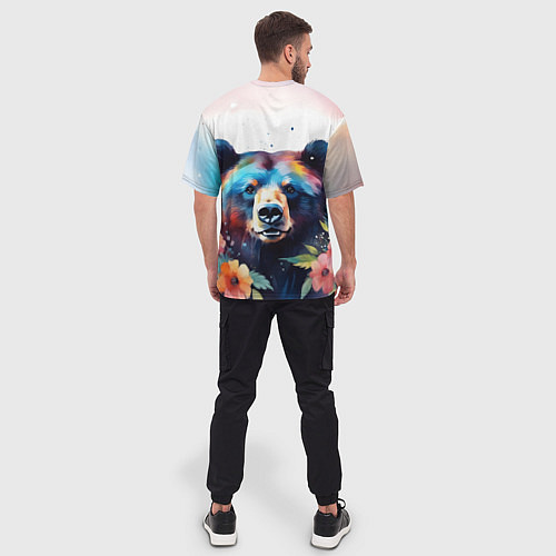 Мужская футболка оверсайз Портрет медведя гризли с цветами акварелью / 3D-принт – фото 4