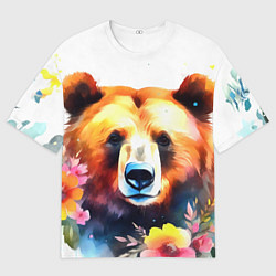 Мужская футболка оверсайз Морда медведя гризли с цветами акварелью