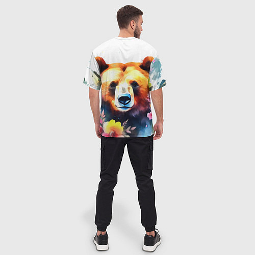 Мужская футболка оверсайз Морда медведя гризли с цветами акварелью / 3D-принт – фото 4