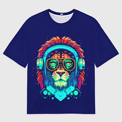Мужская футболка оверсайз Лев в наушниках киберпанк синий