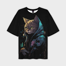 Мужская футболка оверсайз Кот в стиле киберпанк