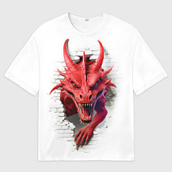 Мужская футболка оверсайз Красный дракон выглядывает из стены