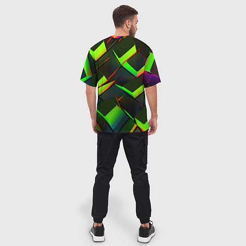 Мужская футболка оверсайз Зеленые неоновые плитки / 3D-принт – фото 4