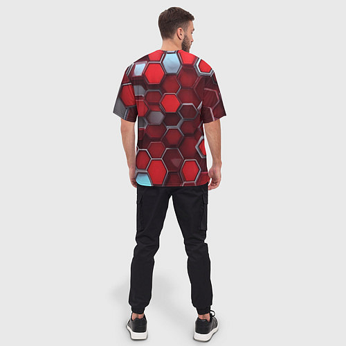 Мужская футболка оверсайз Cyber hexagon red / 3D-принт – фото 4