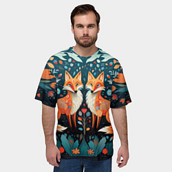 Футболка оверсайз мужская Две лисички в стиле фолк арт, цвет: 3D-принт — фото 2
