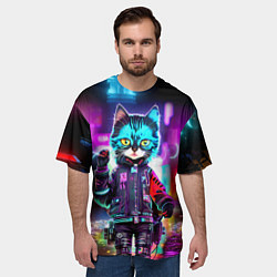 Футболка оверсайз мужская Cool kitten - cyberpunk - neon glow, цвет: 3D-принт — фото 2