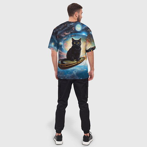 Мужская футболка оверсайз Черный кот на космическом корабле летящий в космос / 3D-принт – фото 4