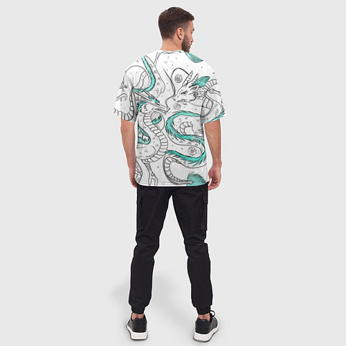 Мужская футболка оверсайз Дракон Хаку в стиле тату: белый и бирюзовый паттер / 3D-принт – фото 4