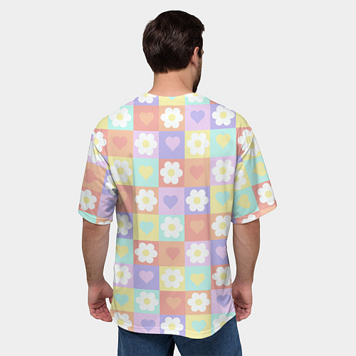 Мужская футболка оверсайз Сердечки и цветочки в пастельных квадратах / 3D-принт – фото 4