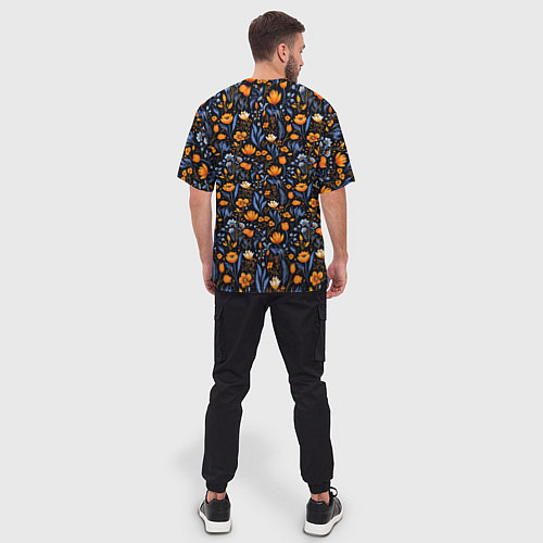 Мужская футболка оверсайз Цветы на темном фоне узор / 3D-принт – фото 4