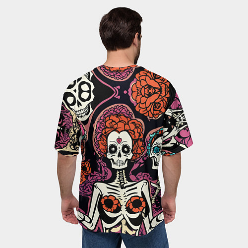 Мужская футболка оверсайз Черепа с цветами в гриме муэрто / 3D-принт – фото 4