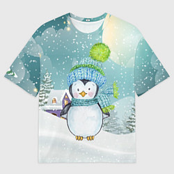 Мужская футболка оверсайз Новогодний пингвин